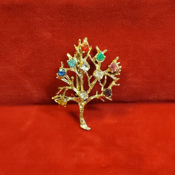 Vintage Tree of Life Family Tree Brooch Pin Costume Goldtone Rhinestones 2" - Picture 3 of 5
